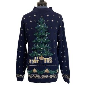 Vtg Marisa Christina 1994 Christmas Tree Embellished Sweater Blue Holiday 90s M